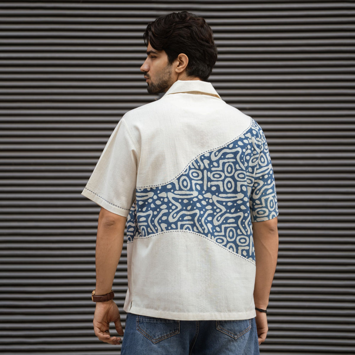 Dabu Drift shirt back view with Dabu patchwork panel