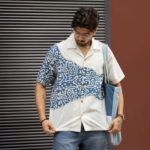 Dabu Drift shirt styled with a denim tote bag