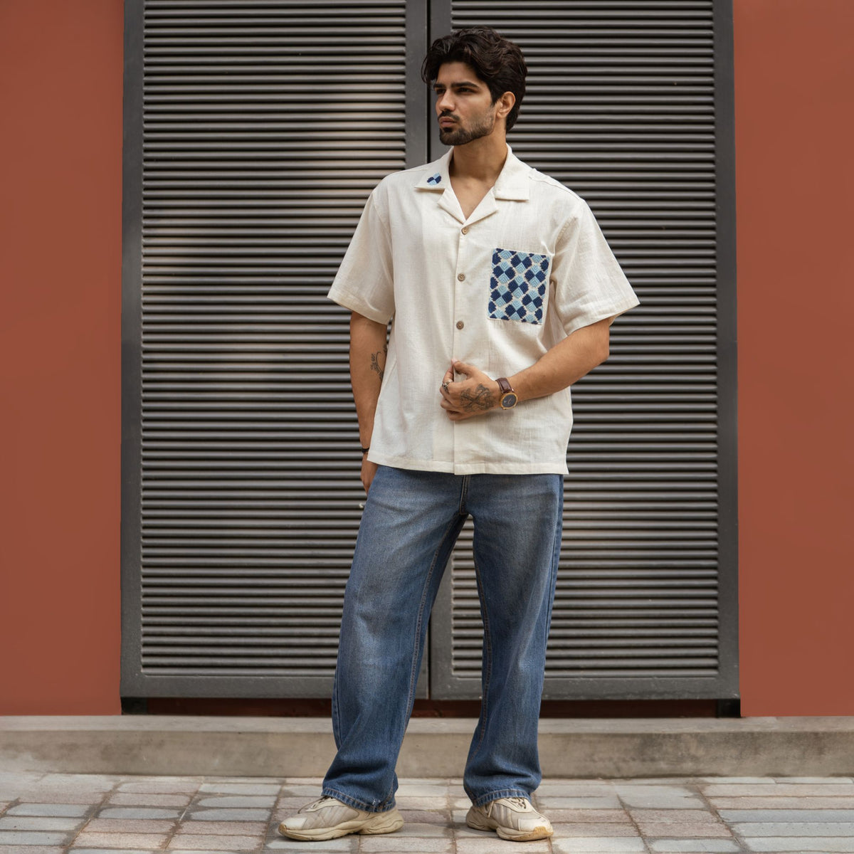 Phulkari shirt styled with blue denim, full length