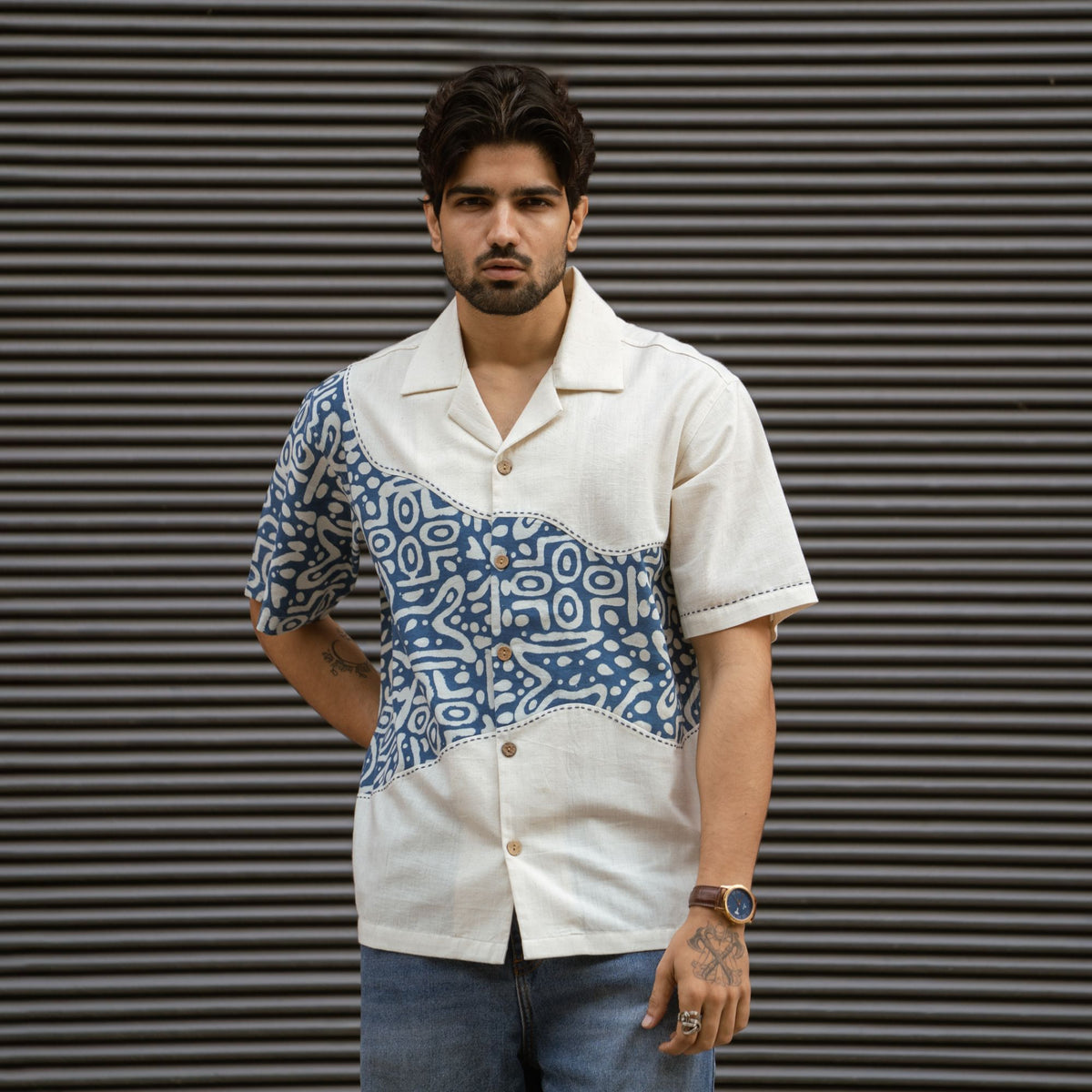 Dabu Drift Khadi Cuban collar shirt with Dabu hand-block printed patchwork, front view