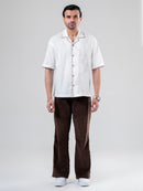 White Coffee Cotton Half Sleeve Collared Embroidered Shirt | For Unisex