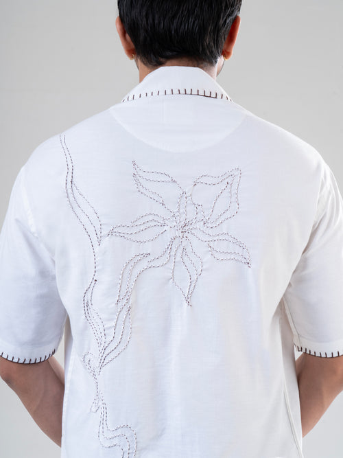 White Coffee Cotton Half Sleeve Collared Embroidered Shirt | For Unisex