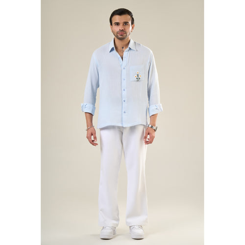 Aqua Cotton Full Sleeve Floral Embroidered Shirt | For Unisex