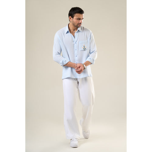Aqua Cotton Full Sleeve Floral Embroidered Shirt | For Unisex