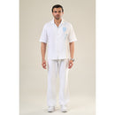 White & Aqua Cotton Half Sleeve Floral Embroidered Shirt | For Unisex