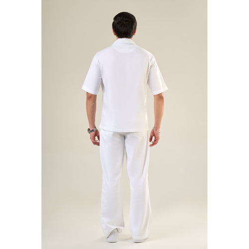 White & Aqua Cotton Half Sleeve Floral Embroidered Shirt | For Unisex
