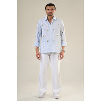 White & Aqua Cotton Full Sleeve Floral Embroidered Shirt | For Unisex