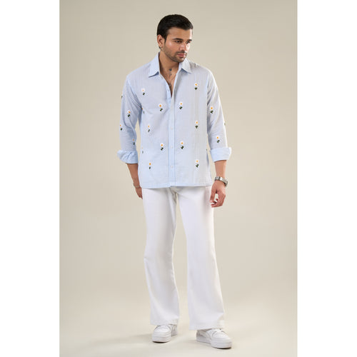White & Aqua Cotton Full Sleeve Floral Embroidered Shirt | For Unisex