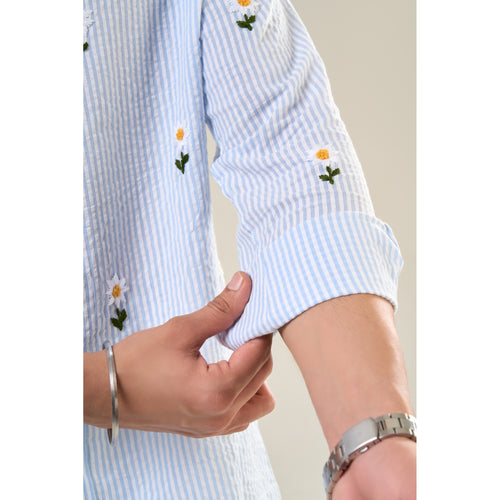 White & Aqua Cotton Full Sleeve Floral Embroidered Shirt | For Unisex