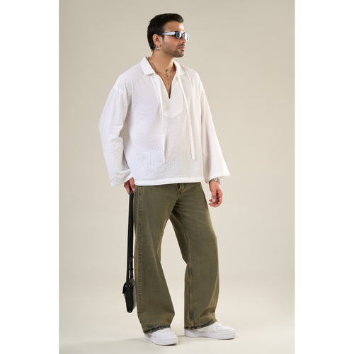 White Cotton Full Sleeve Solid Kimono Style Shirt | For Unisex