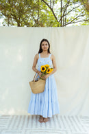 Blue & White Cotton Square Neck Floral Midi Dress | For Women