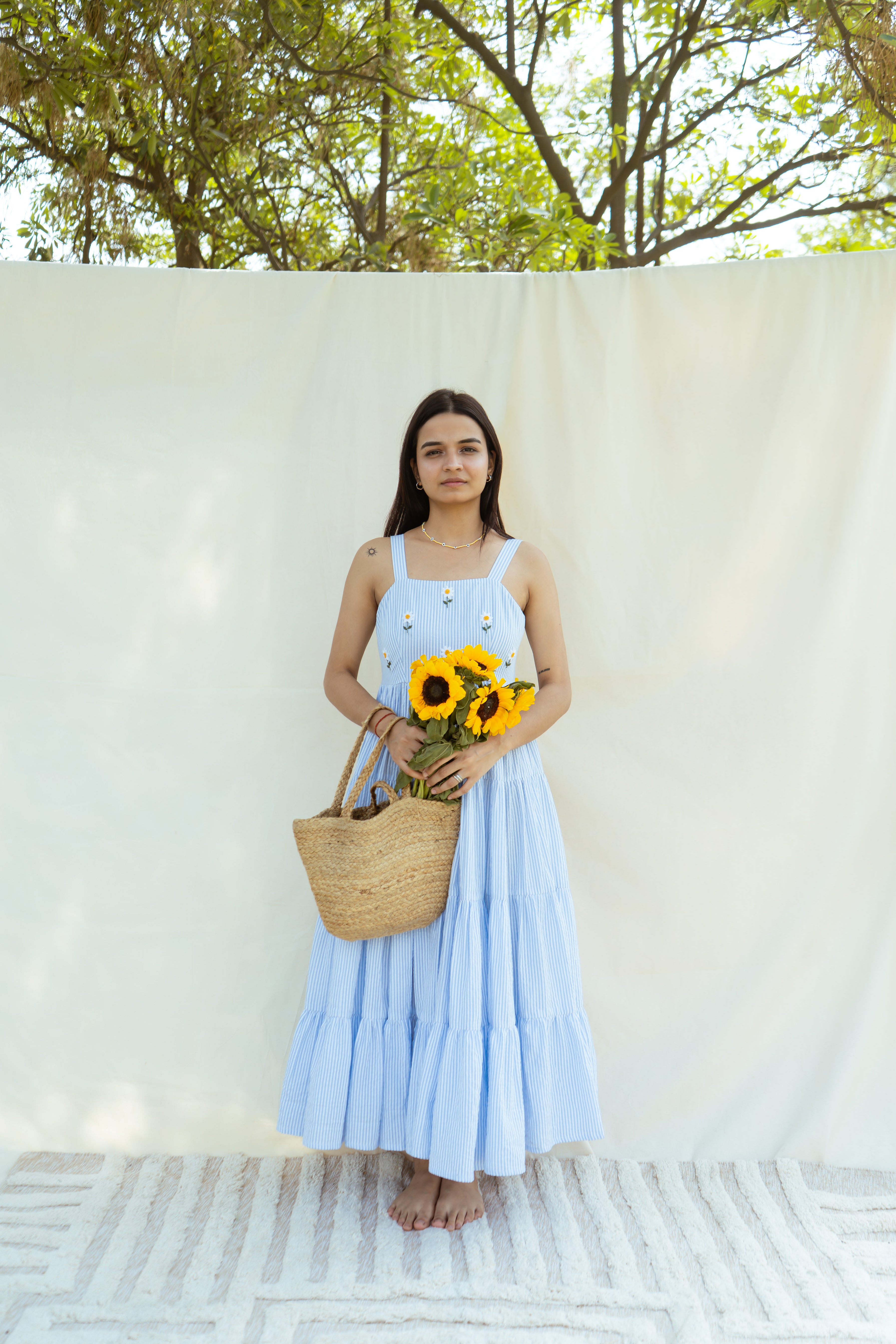 Blue & White Cotton Square Neck Floral Midi Dress | For Women