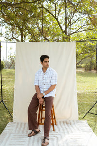 White & Brown Cotton Checkered Half Sleeve Embroidered Shirt | For Unisex
