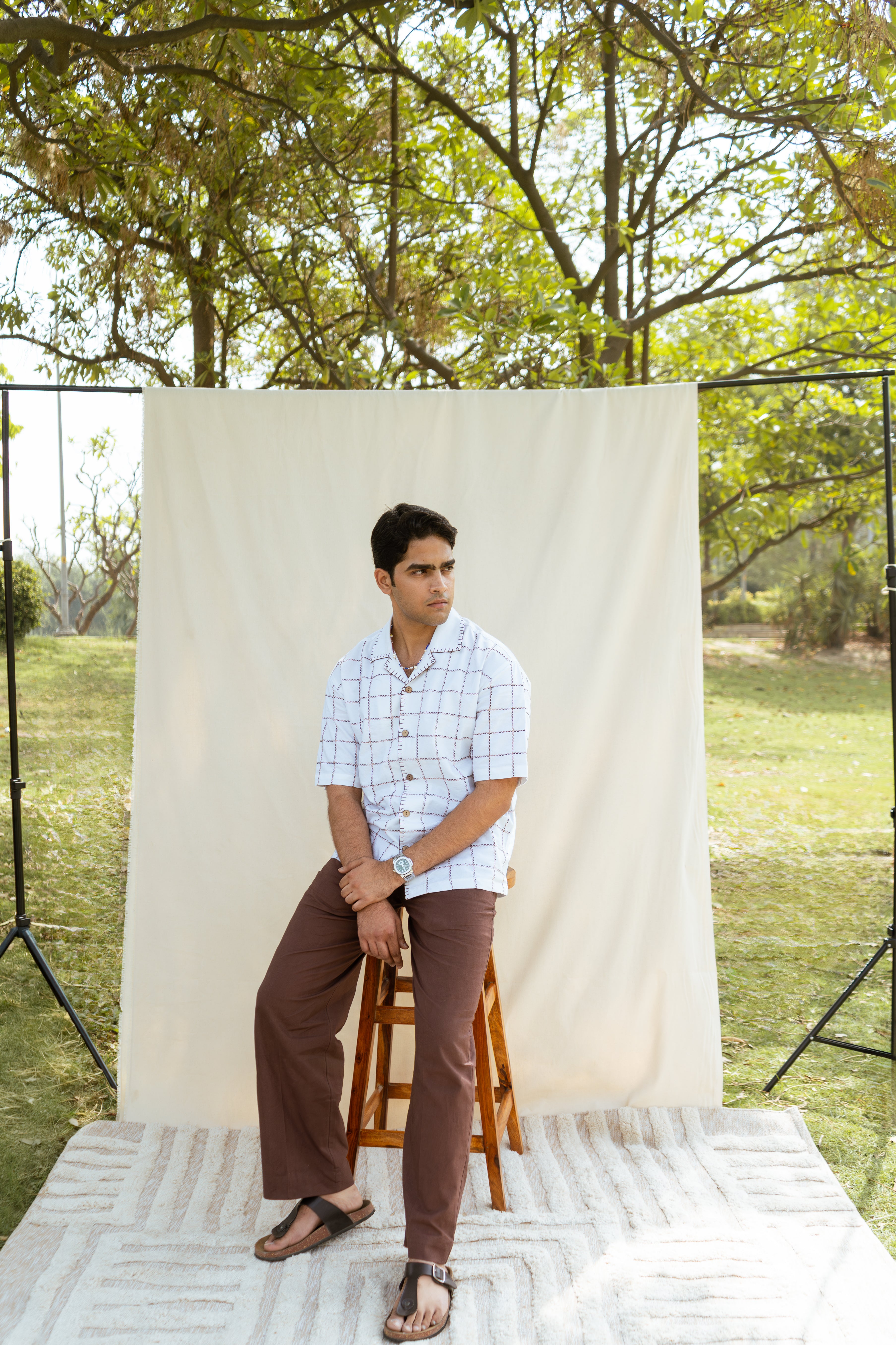 White & Brown Cotton Checkered Half Sleeve Embroidered Shirt | For Unisex
