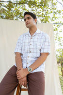 White & Brown Cotton Checkered Half Sleeve Embroidered Shirt | For Unisex