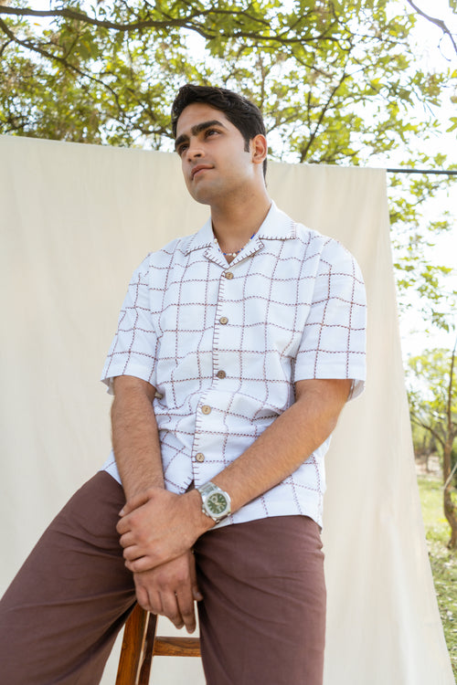 White & Brown Cotton Checkered Half Sleeve Embroidered Shirt | For Unisex