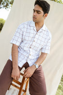 White & Brown Cotton Checkered Half Sleeve Embroidered Shirt | For Unisex