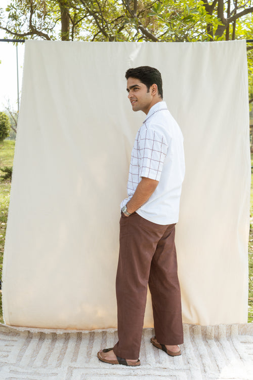 White & Brown Cotton Checkered Half Sleeve Embroidered Shirt | For Unisex