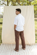 White & Brown Cotton Checkered Half Sleeve Embroidered Shirt | For Unisex