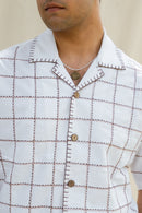 White & Brown Cotton Checkered Half Sleeve Embroidered Shirt | For Unisex