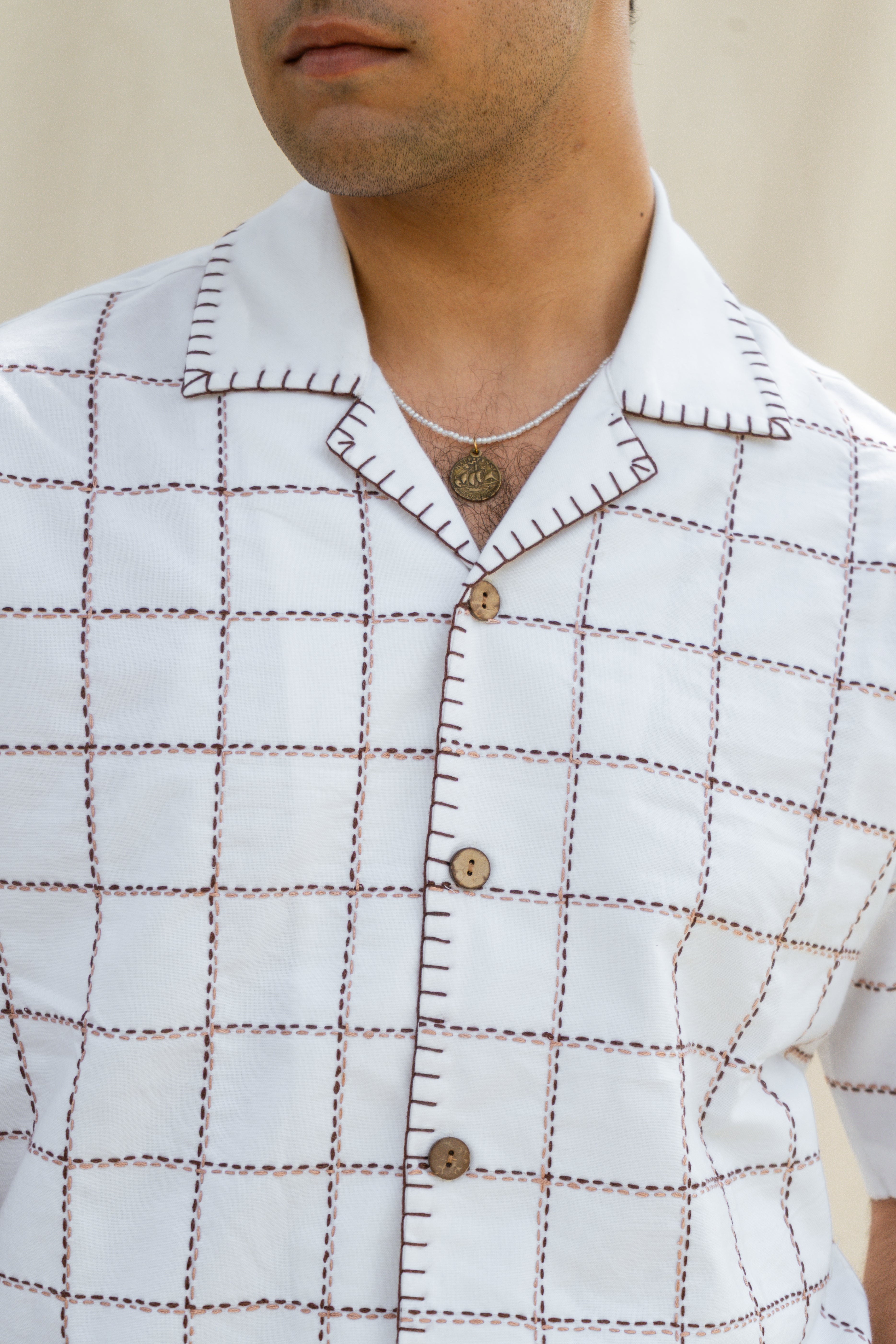 White & Brown Cotton Checkered Half Sleeve Embroidered Shirt | For Unisex