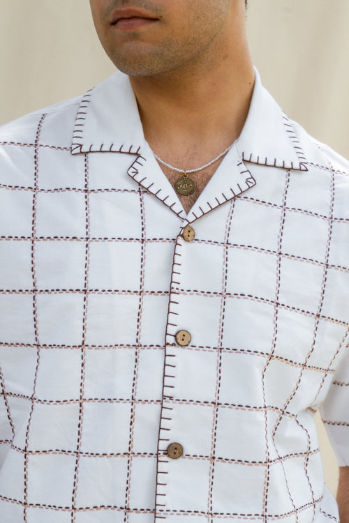 White & Brown Cotton Checkered Half Sleeve Embroidered Shirt | For Unisex