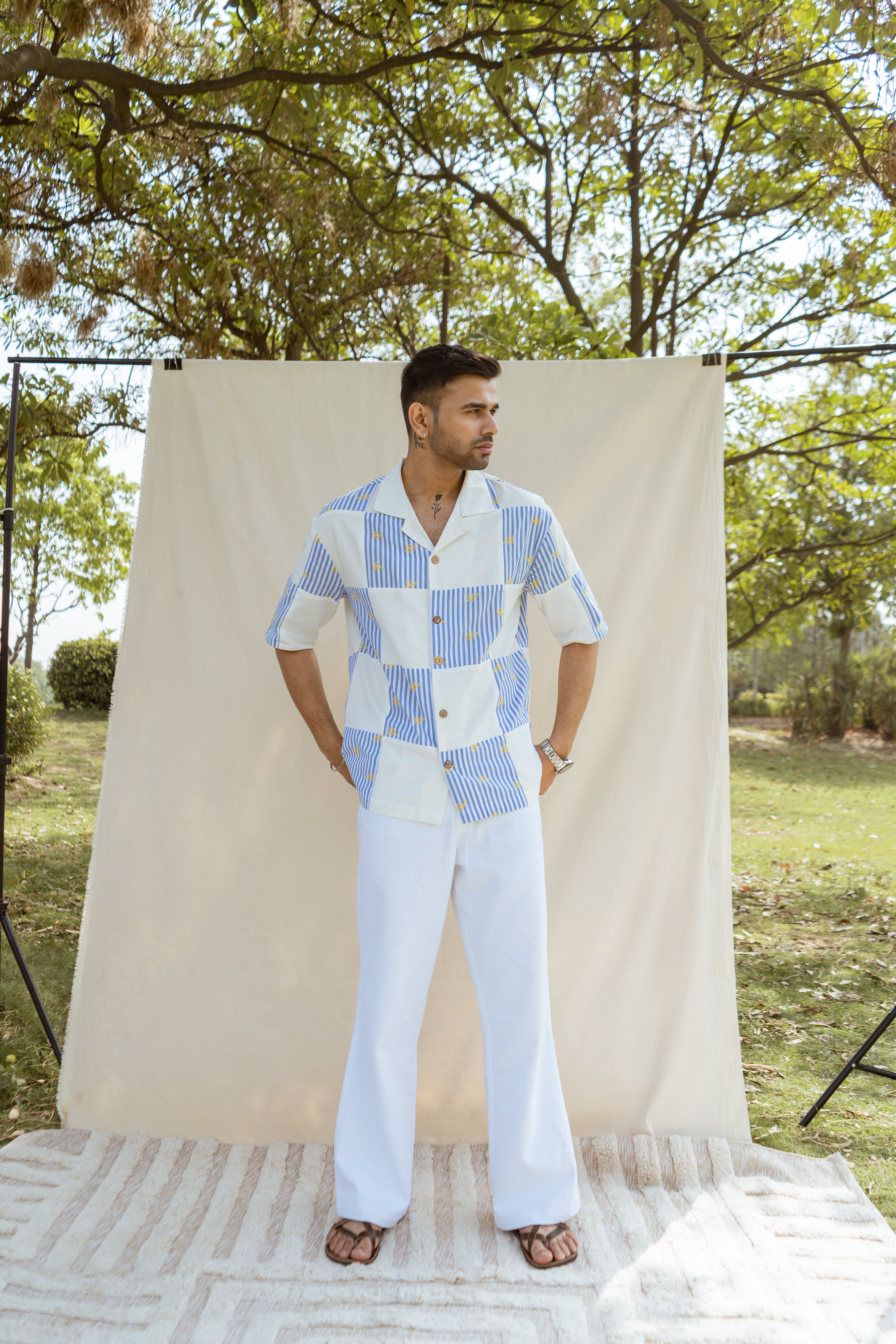 Blue & White Cotton Half Sleeve Patchwork Shirt | For Men