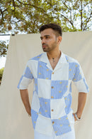 Blue & White Cotton Half Sleeve Patchwork Shirt | For Men