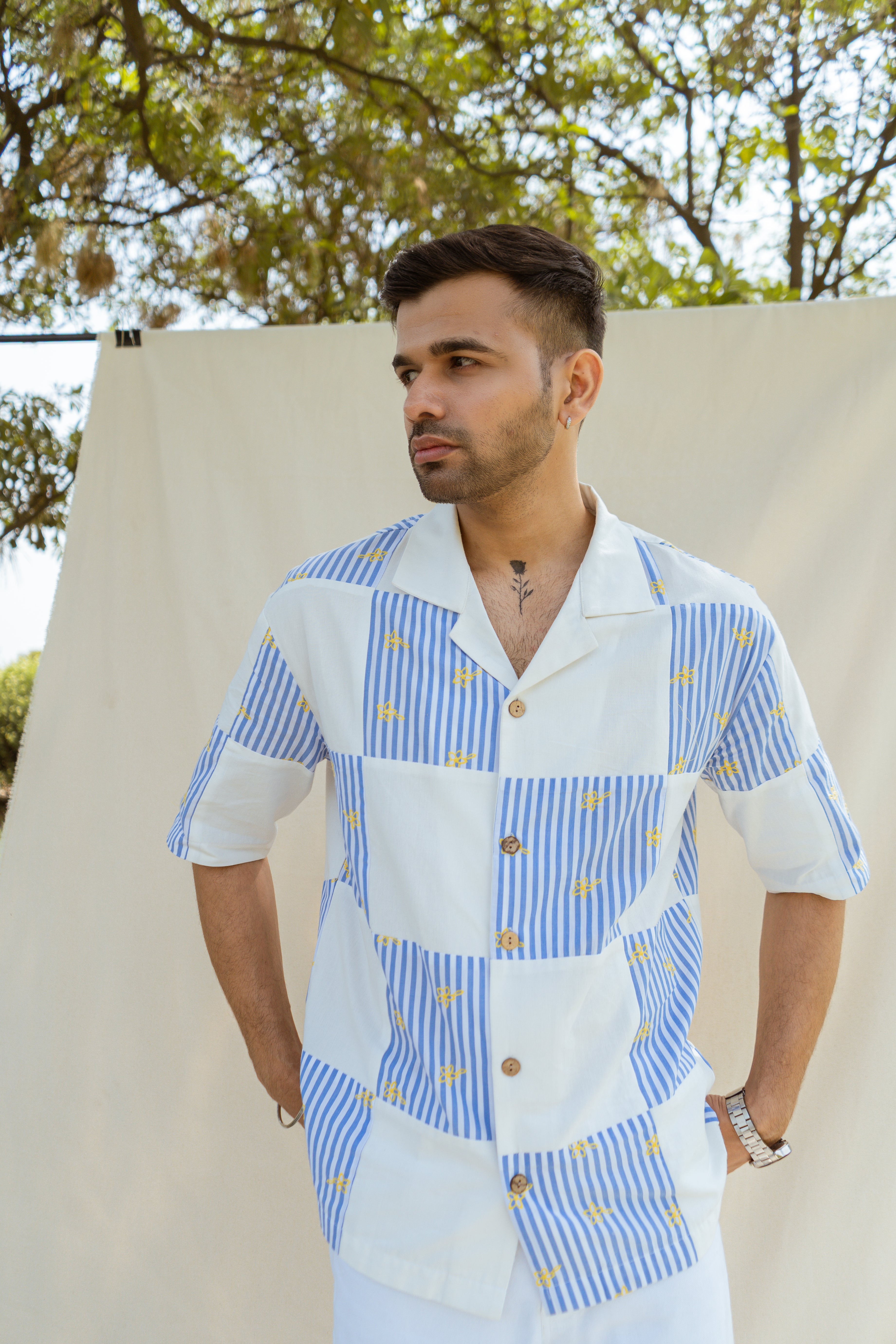 Blue & White Cotton Half Sleeve Patchwork Shirt | For Men