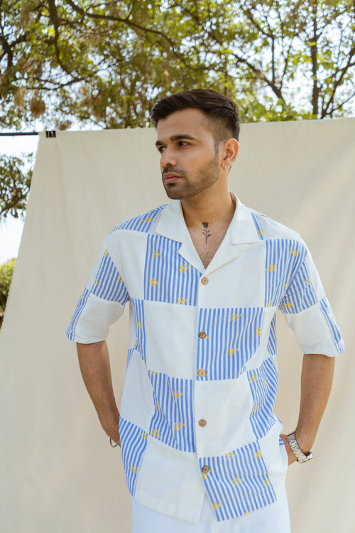 Blue & White Cotton Half Sleeve Patchwork Shirt | For Men