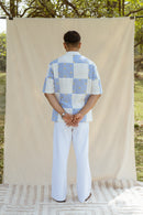 Blue & White Cotton Half Sleeve Patchwork Shirt | For Men
