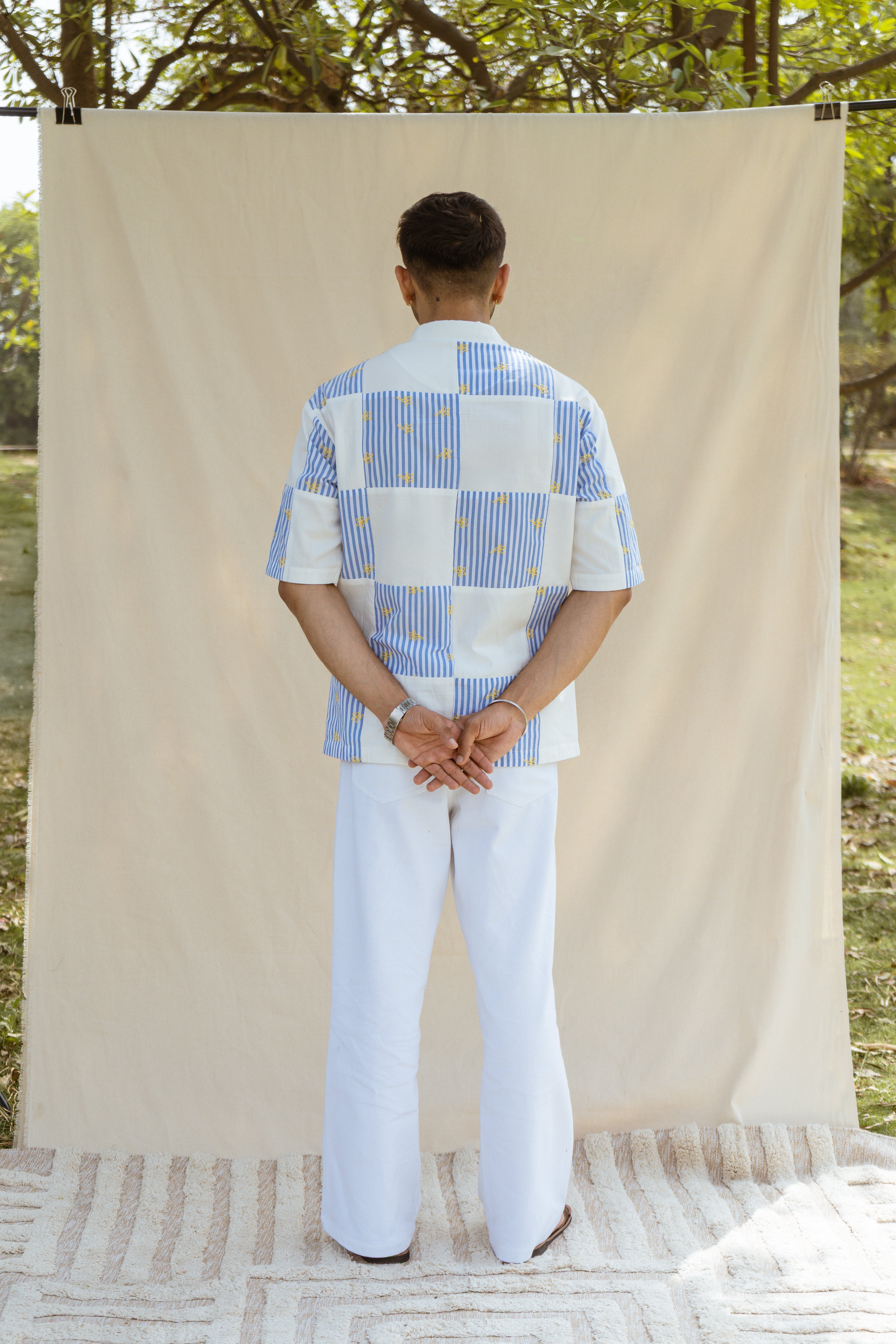 Blue & White Cotton Half Sleeve Patchwork Shirt | For Men