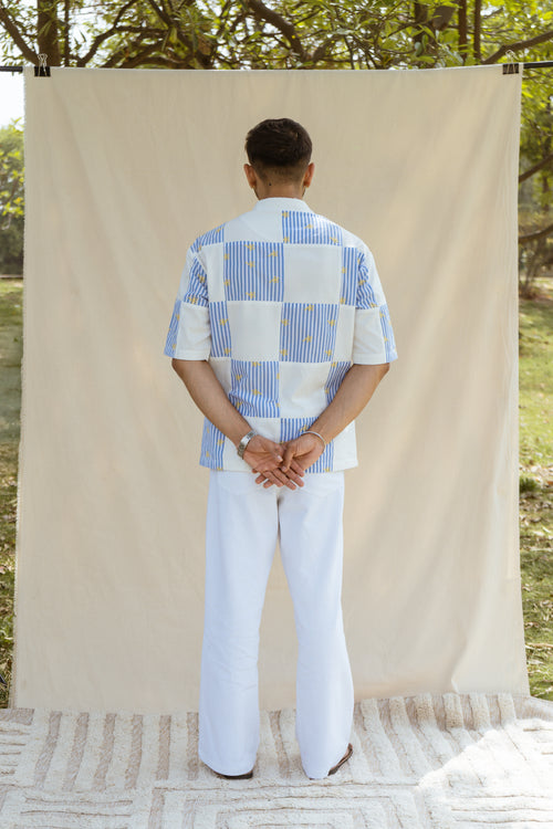 Blue & White Cotton Half Sleeve Patchwork Shirt | For Men