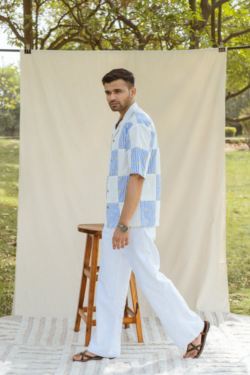 Blue & White Cotton Half Sleeve Patchwork Shirt | For Men