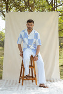 Blue & White Cotton Half Sleeve Patchwork Shirt | For Men