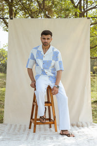 Blue & White Cotton Half Sleeve Patchwork Shirt | For Men