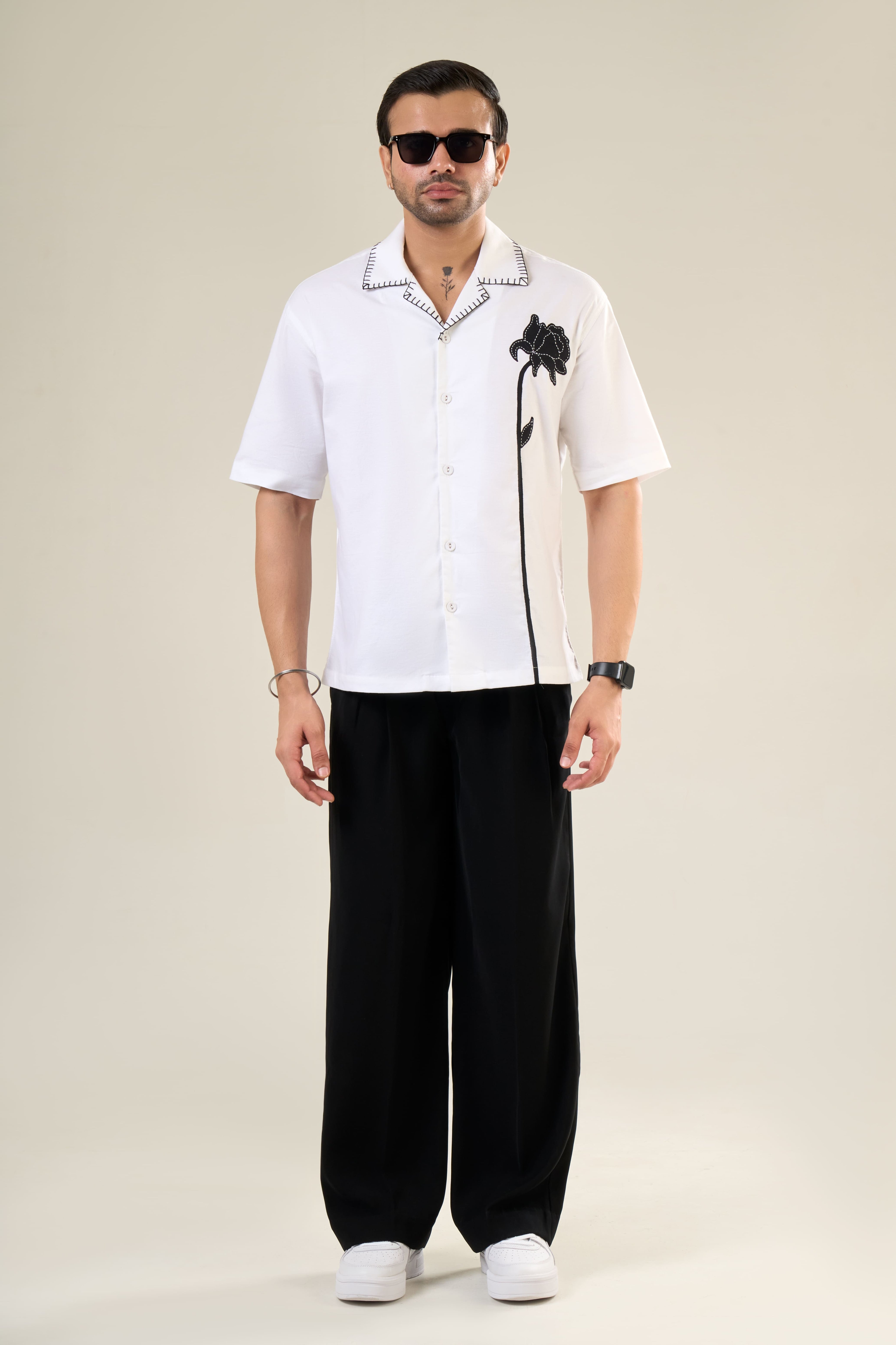 White Cotton Half Sleeve Floral Embroidered Shirt | For Unisex