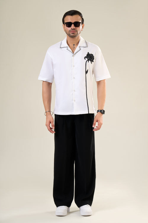 White Cotton Half Sleeve Floral Embroidered Shirt | For Unisex