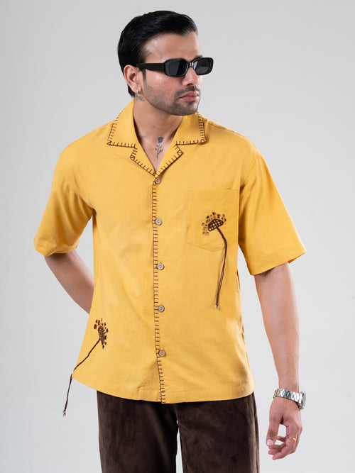 Mustard Cotton Half Sleeve Floral Embroidered Shirt | For Unisex