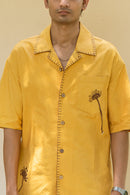 Mustard Cotton Half Sleeve Floral Embroidered Shirt | For Unisex