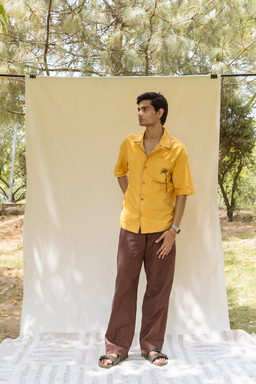 Mustard Cotton Half Sleeve Floral Embroidered Shirt | For Unisex