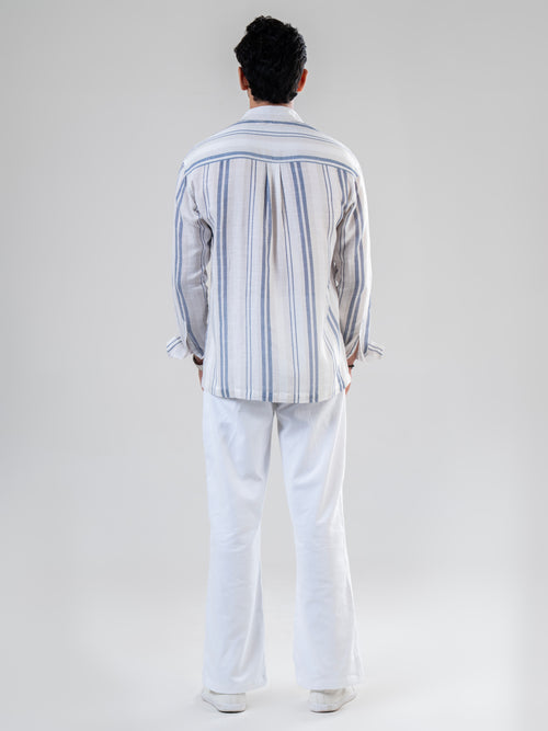 White Blue Cotton Full Sleeve Striped Shirt | For Men