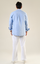 Aqua & White Linen Full Sleeve Striped Shirt | For Men