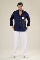 Navy Blue Rayon Full Sleeve Floral Embroidered Shirt | For Unisex