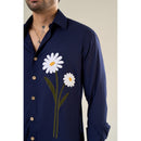 Navy Blue Rayon Full Sleeve Floral Embroidered Shirt | For Unisex