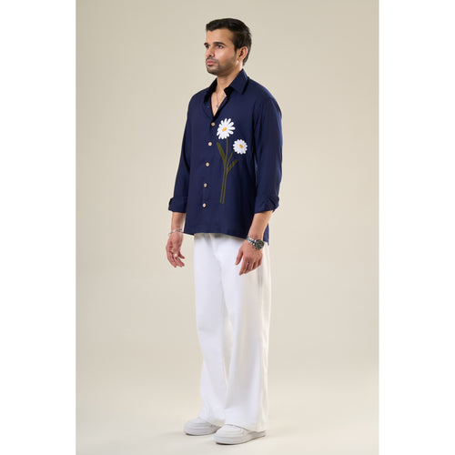 Navy Blue Rayon Full Sleeve Floral Embroidered Shirt | For Unisex