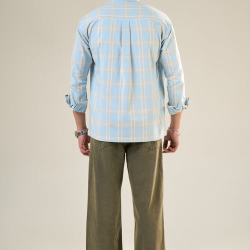 Aqua & Beige Cotton Full Sleeve Checked Shirt | For Men