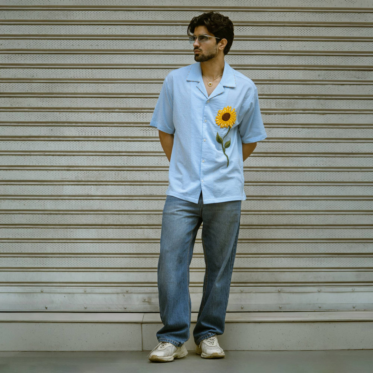 Sunflower check shirt – full-length look styled with blue jeans