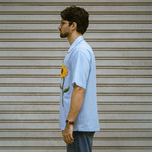 Sunflower check shirt – half sleeve fit, side view with embroidered sunflower