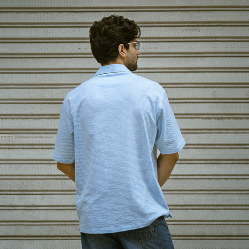 Sunflower check shirt – back view, blue and white gingham cotton